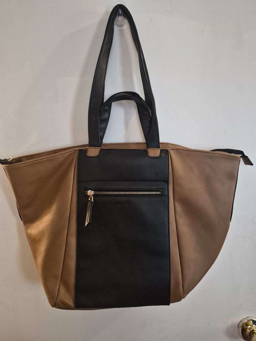 kensie Two-Tone Black and Tan Tote with Front Zip Pocket